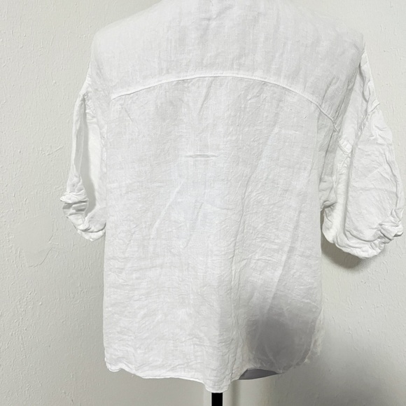 Zara Women's Large Linen Short Sleeve Button Up Shirt Flowy Beachy White EUC - Picture 4 of 6